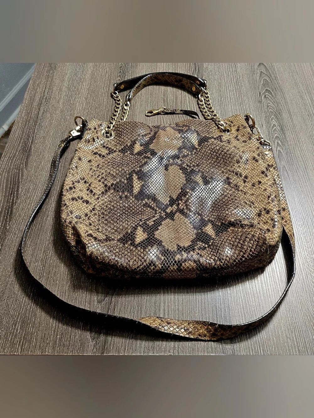 Authentic Michael Kors Snakeskin Shoulder Purse With Gold Chain Straps